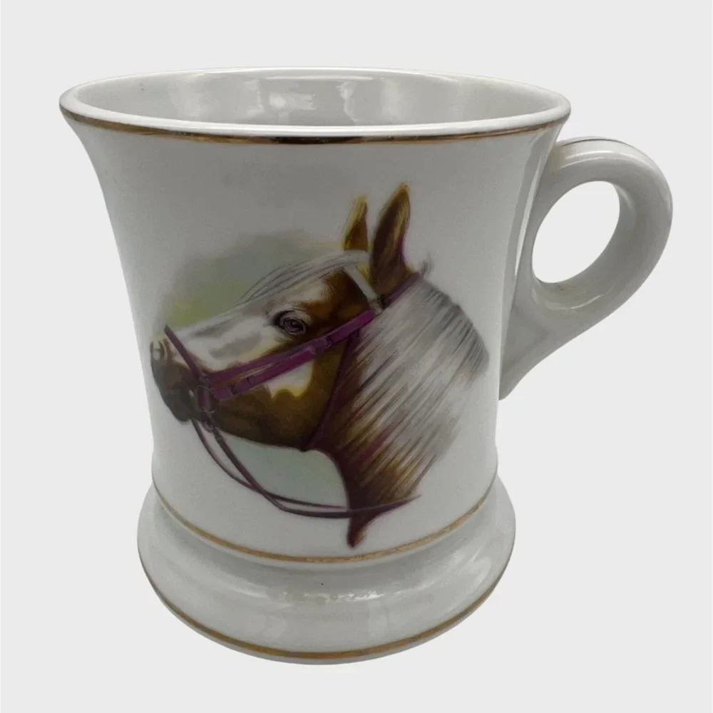Vintage Horse Themed Shaving Mug Ceramic White & Gold Trim 4